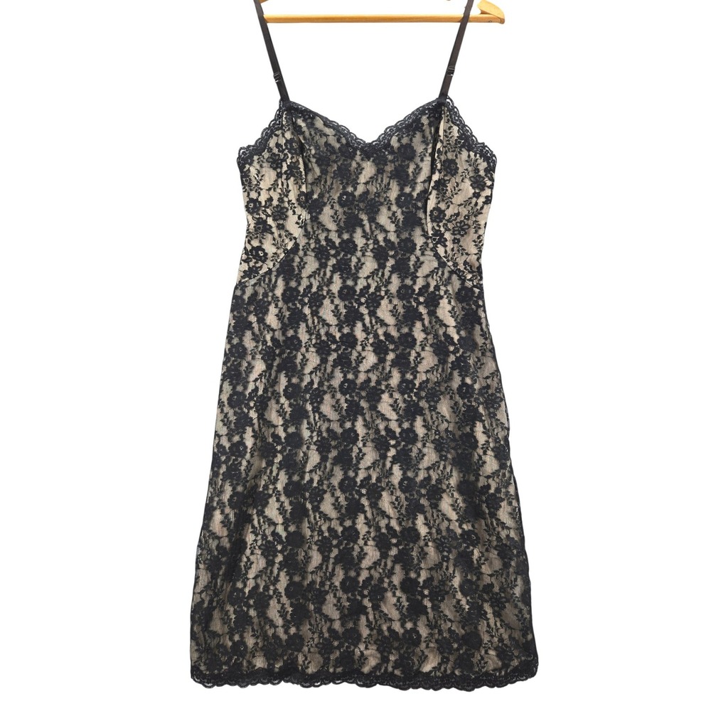 Vtg 1960s Van Raalte Black Floral Lace Mini Slip Dress Champagne Lining Size 36